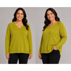 Ann Taylor Loft 100% Silk V-Neck Sweater Chartreuse‎ Green Large